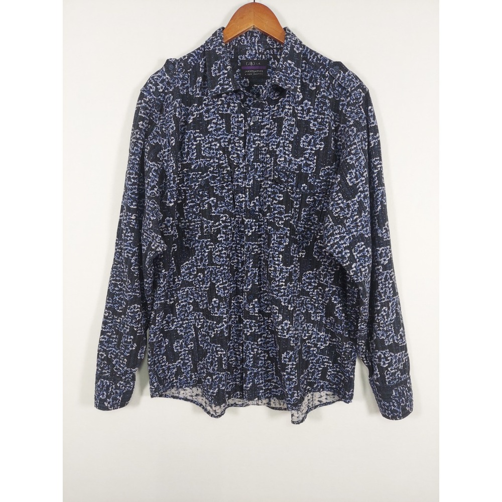 Jhane Barnes Abstract Print Shirt Button Textured Long Sleeve Cotton Blue XXL